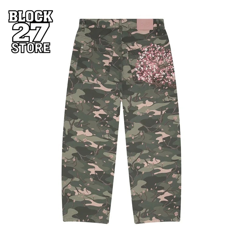 Embroidery Jeans Sakura - Męskie jeansy Y2K z haftem Sakura,