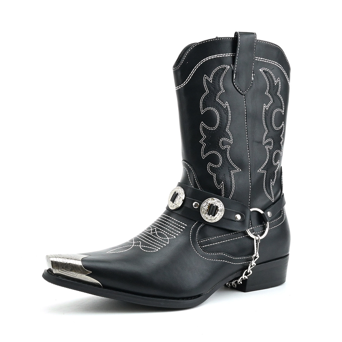 Embroidery Yes - Męskie zachodnie skórzane buty z metalowym