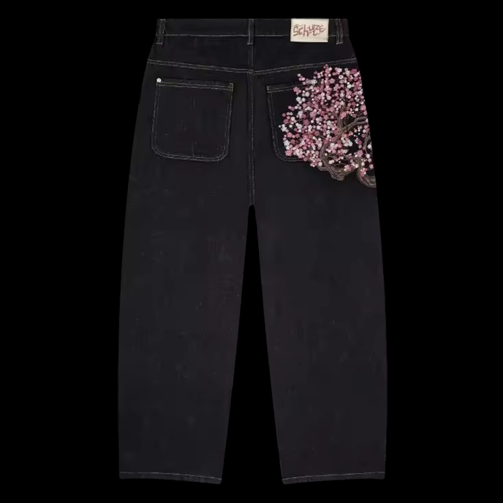 Embroidery Jeans Sakura - Męskie Damskie Jeansy Y2K Harajuku Hip